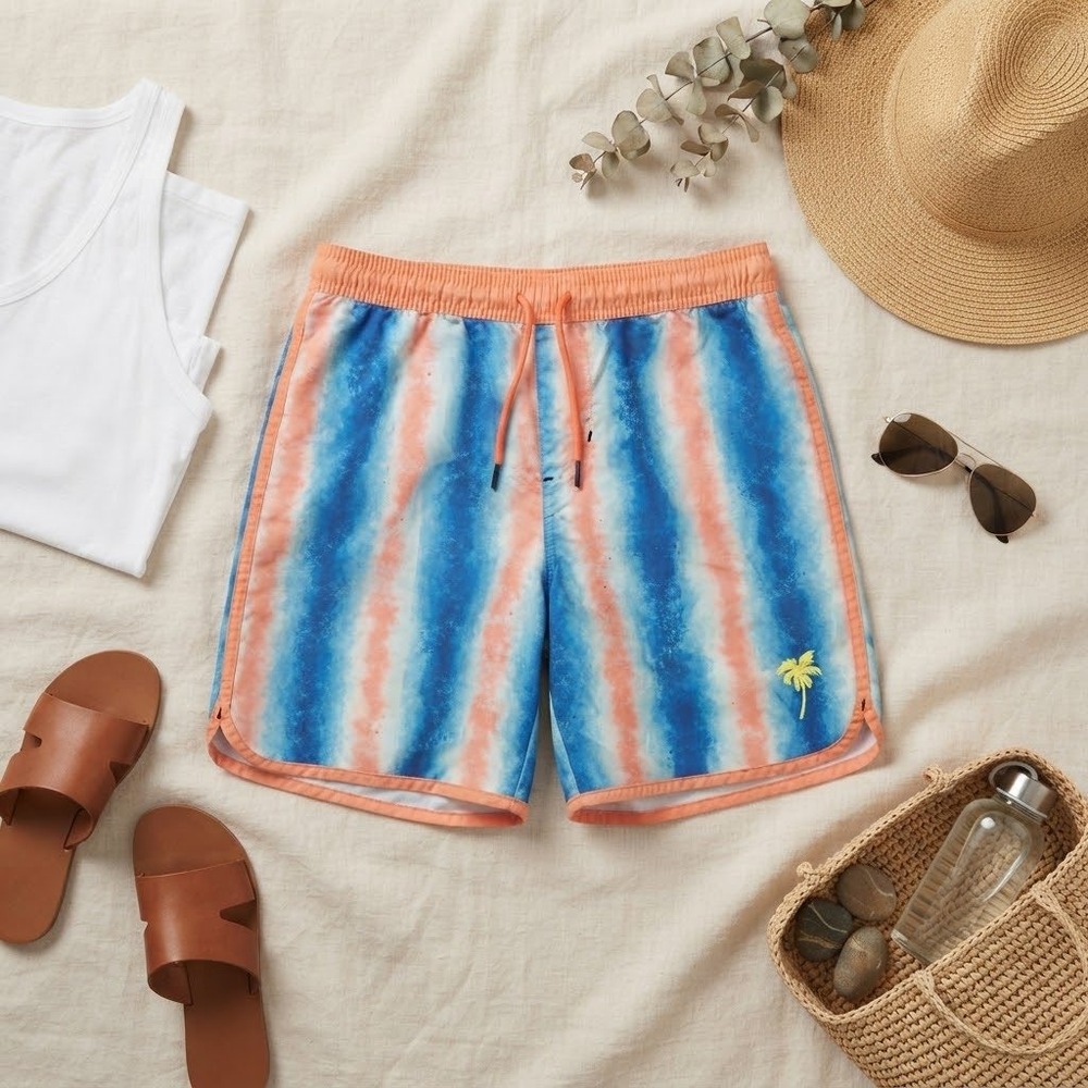 Hatley Boys Swim Trunks Size 12 Blue Orange Tie Dye Stripe Palm Tree Shorts